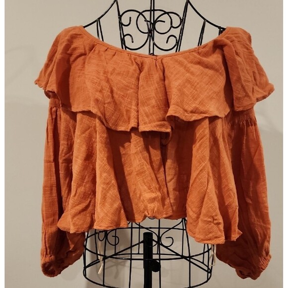 Free People Orange Ruffled Bib Collar Crop Blouse Women XS Bohemian Puffy Sleeve - Picture 3 of 8